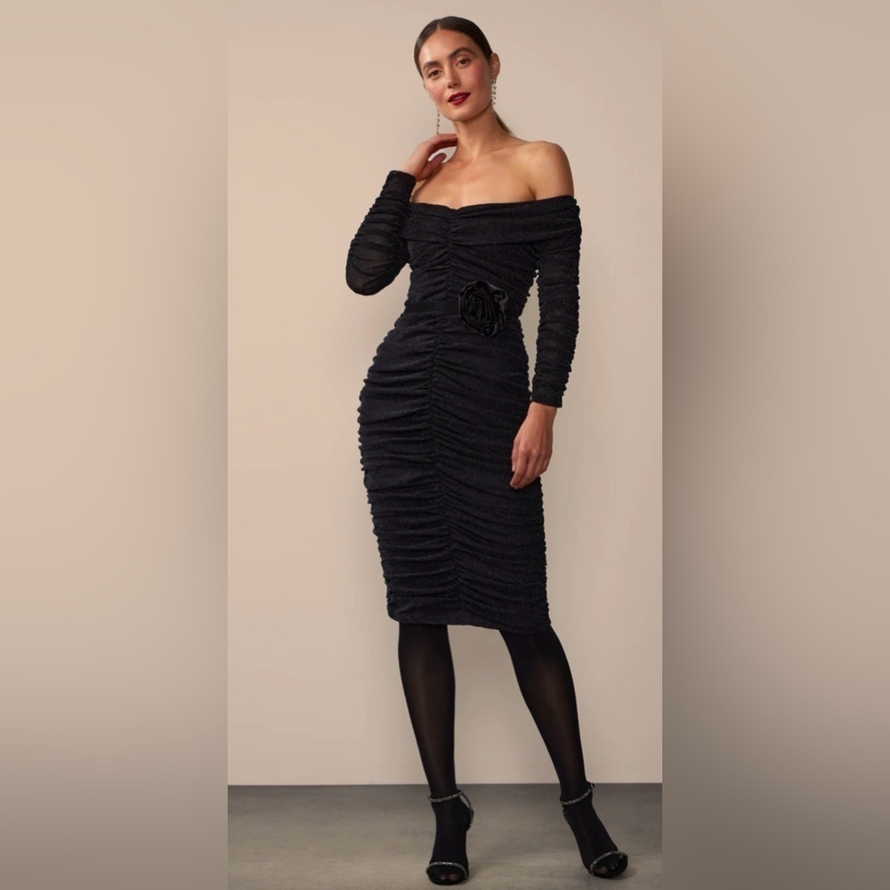 New York & Company Metallic Knit Rosette Ruched Elegant Black Off-Shoulder Dress